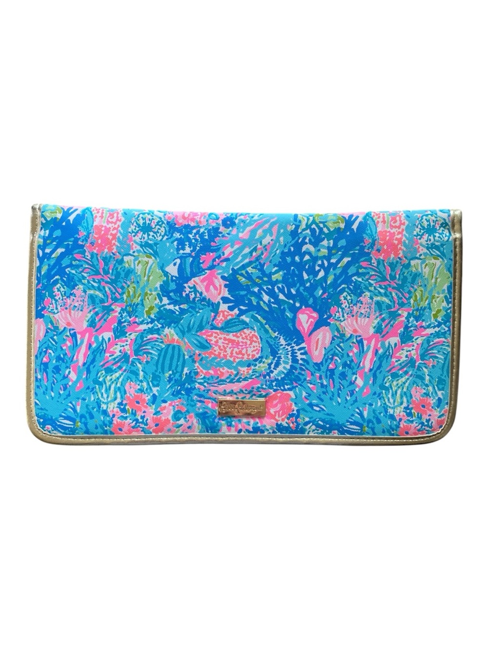 Lilly Pulitzer Sea Life Travel Wallet Clutch Blue Pink Gold Trim
